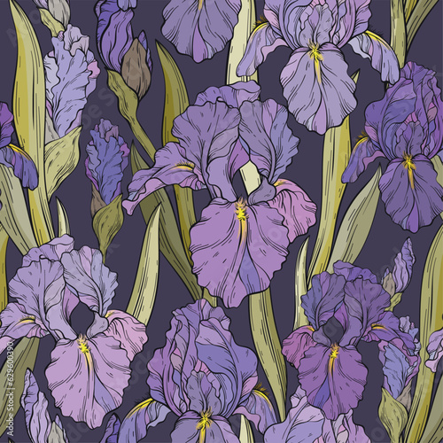 pattern with iris flowers, dark background.