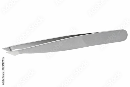 Closeup of a silver metal tweezer isolated on white background