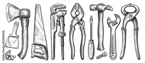 Set of tools for construction or repair work. Clamping pliers, hammer, screwdriver, hacksaw, wrench, plumbing key