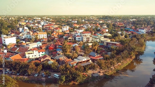 Drone shot of city of Siem Reap, Cambodia.