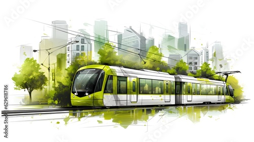 This is a conceptual depiction of sustainable public transportation systems, specifically focusing on the tram. The role of trams in reducing traffic congestion and environmental impact. Generative AI