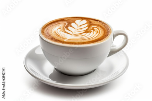 White cup of cappuccino top view with beautiful latte art isolated on white background, cup of coffee, generated ai