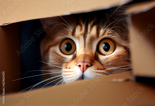 A frightened or curious kitten peeks out of a cardboard box. AI generated.