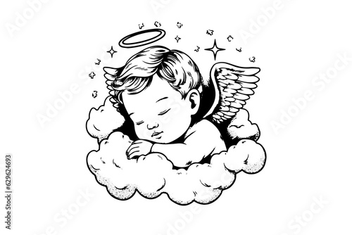 Hand drawn engraving sketch of cute little angel sleep on a cloud. Vector illustration.