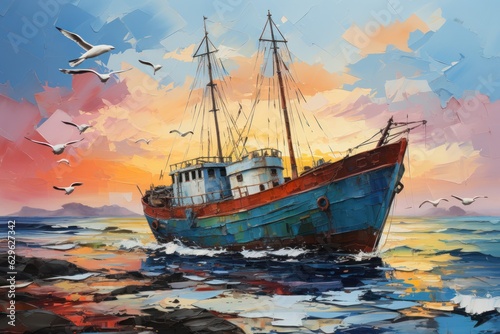 Colorful drawing of an old fishing trawler on a torn paper, generative ai