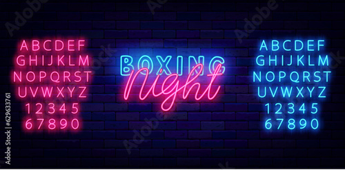 Boxing night neon label. Power sport. Shiny pink and blue alphabet. Light badge. Editing text. Vector stock illustration