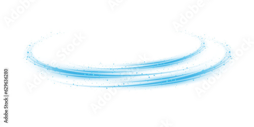 Blue magic spirals with sparkles. Blue light effect. Glitter particles with lines. Swirl effect. PNG.