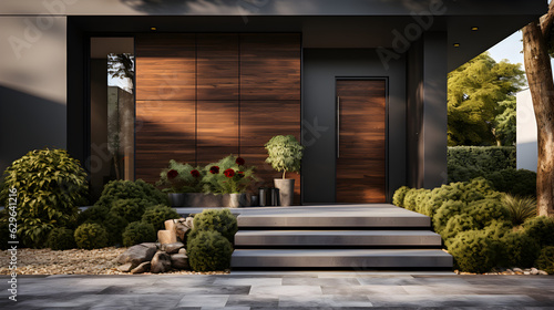 Modern villa entrance house entrance black wall, wood door Generative AI