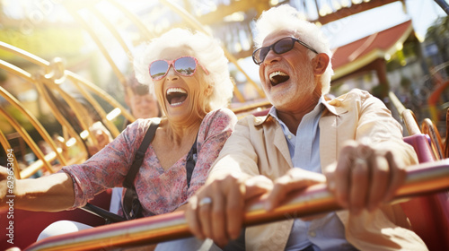 Joyful Thrills: Elderly Couple Riding a Roller Coaster with Smiles