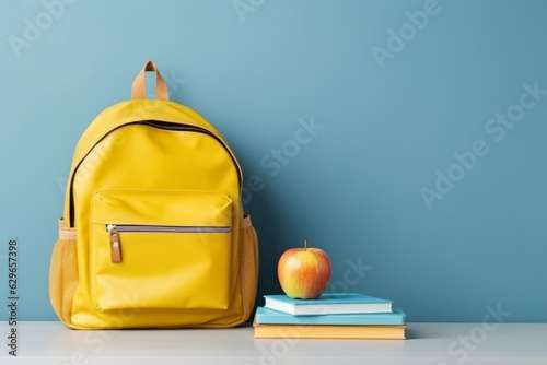 A yellow backpack and an apple on a table
