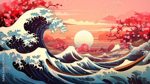 The great wave off kanagawa painting reproduction illustration. Old Japanese artwork with big wave and mountain Fuji on the background