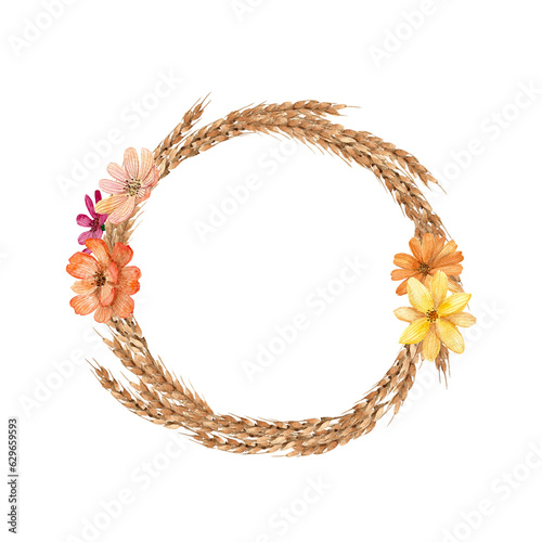 Watercolor wreath round frame made of wheat or rye ears. Circle Frame made of wheat spikelets. Autumn harvest. For bakery packaging design, invitations, promotions, flyer template, postcard
