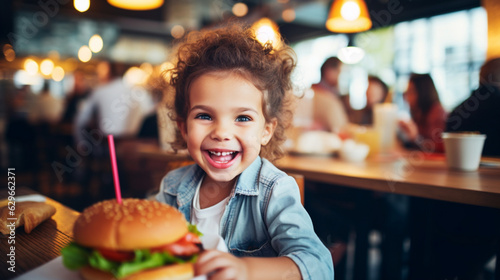 Happy Kid Eating Hamburger at Restaurant