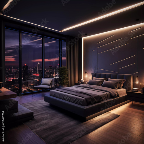 modern living room with big windows at night in a metropolis. ai generated 