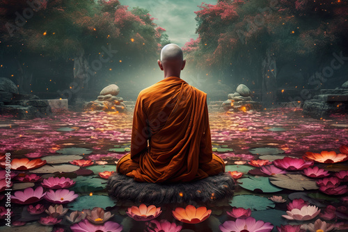Illustration of Buddhist monk from the back in the lotus position in meditation in surreal landscape. Monk sitting meditating at heart place on calm lake. Generative AI