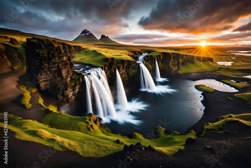 landscape panorama view on a waterfall in iceland at sunset - generative ai