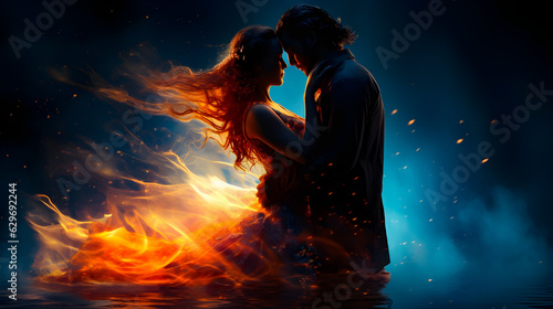 Passion, couple in love in embrace. The elements of fire and water