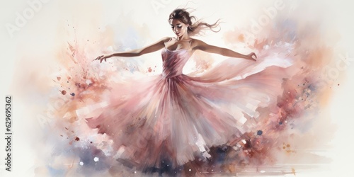 Girl ballerina, woman dancing. Drawing of a woman in a beautiful pink dress using Watercolor technique, white background.