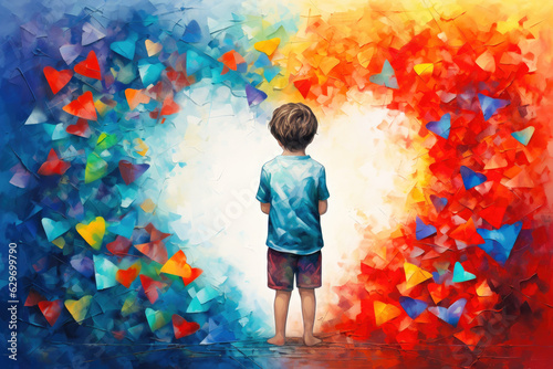 World autism awareness day concept. An autistic boy contemplating a colorful heart. Generative AI.