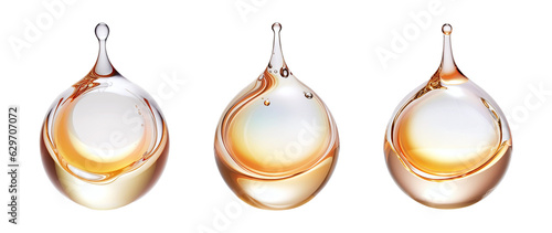 Oil drops. Serum droplet with air bubbles. Skincare gold drops
