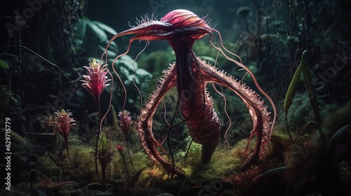 Carnivore poisonous alien flower. Flower creature. Plant monster. Generative AI