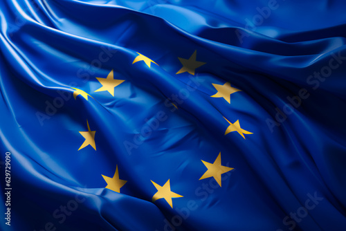 The flag of the European Union on the background of the sky. The flag flutters in the wind. AI generated.