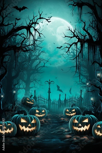  halloween scene horror background with creepy pumpkins of spooky halloween haunted mansion Evil houseat night with full moon | Generative AI
