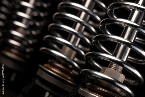 Close-up Macro Shot of a Brand New Shock Absorber with Shiny Metal Surface and Compressed Spring Coils