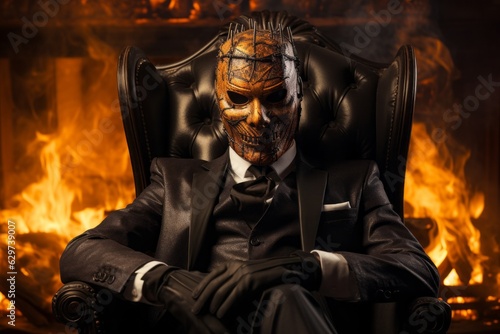 An incognito businessman is the embodiment of evil. Halloween concept. Background with selective focus and copy space