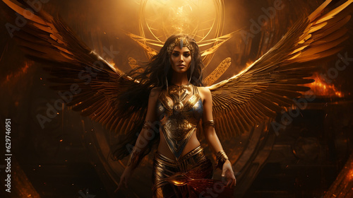 Wings of Glory, A Majestic Golden Goddess Soaring with Grace in this Illustration