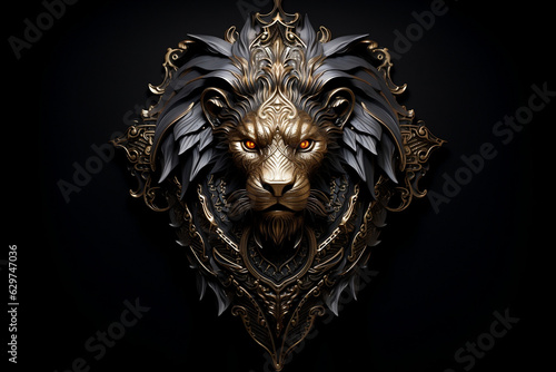 Golden Majesty, Regal lion's head adorned in a decorative shield on black background