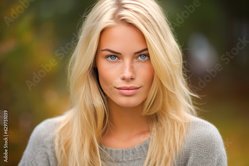 Portrait of a very attractive Swedish woman with blonde hair and blue eyes