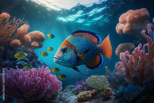 Colorful marine life in Egypt & Caribbean. Limbo competition underwater with unreal engine 5 & ultra-wide angle epic composition. Generative AI