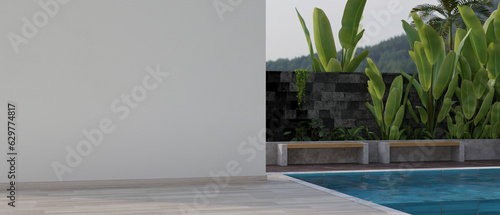A modern beautiful home terrace with swimming pool, empty white wall mockup, and tropical plants.