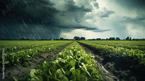 hailstorm damaging crops in a field, symbolizing the unpredictability and destructive power of weather generative ai