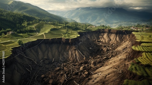 landslide in a mountainous region, illustrating the dangers of soil erosion and instability generative ai