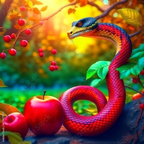 Serpent tempter near an apple in the Garden of Eden, AI generated