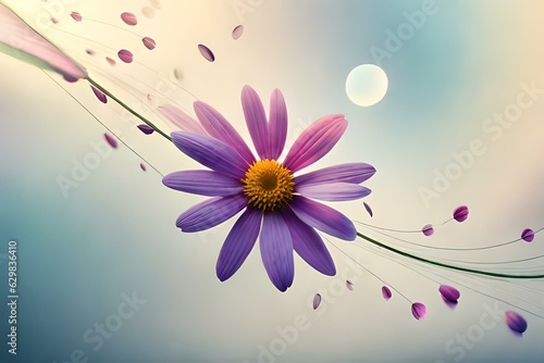 abstract background with flowers, purple flower graphically designed such that dimmed sun in the background with wavy rope one side 