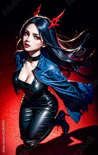 an anime girl with long black hair wearing a black jacket and black leather pants
