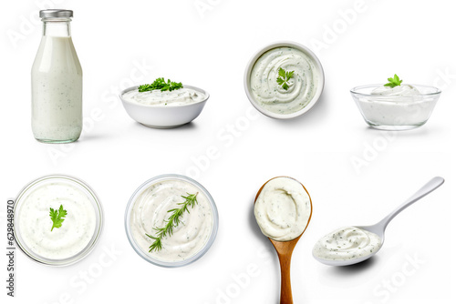 Set of ranch sauce top view, side view, in spoon, in a bottle isolated on transparent 
