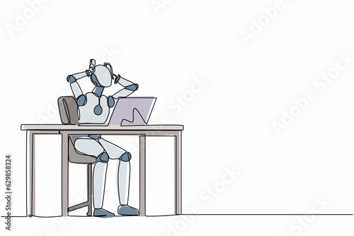 Single one line drawing frustrated robot sitting at laptop, holding head. Future technology development. Artificial intelligence machine learning. Continuous line design graphic vector illustration