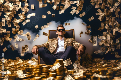 Conceptual portrait of a smiling successful handsome young man sitting relaxing carelessly, airily and light-heartedly enjoying his success surrounded by his gold and money. Generative AI