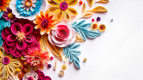 Arrière plan blanc avec fleurs et arabesques en papier découpé coloré - Générative ia