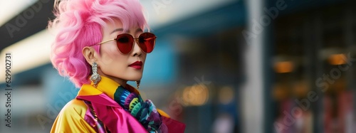 Pink hair fashion Asian woman. Generative AI.