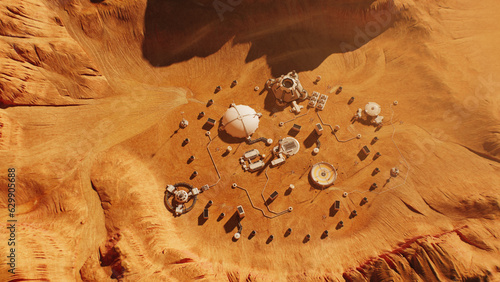 Top view of Mars surface with research station, colony or scientific base. Space mission on red planet. Technological advance of the future. Futuristic human colonization and exploration concept.