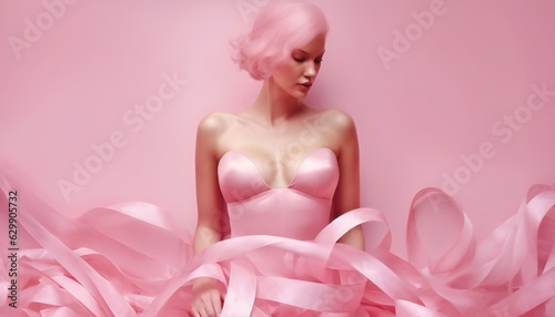 Pink ribbon breast cancer banner with pretty woman on pink background