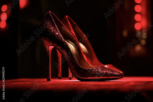 Simple expensive luxury pair of red high heels real detail stage spotlight. Generative AI.