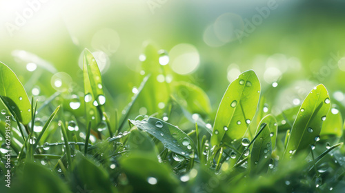 Green grass and leaves. Rain and dew combination. Summer or spring background. 