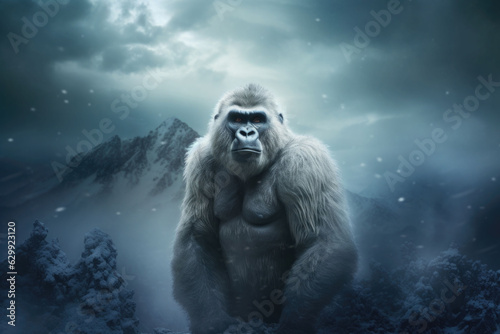 A white gorilla stands on a snowy mountain top. Animal portrait. Generative AI