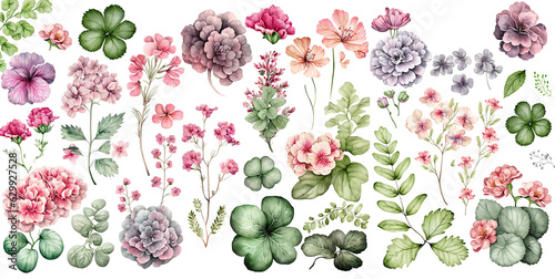 Set of flowers watercolor collection of hand drawn, flowers Pink Geraniums color, flowers elegant watercolor , flowers isolated transparent background, PNG.